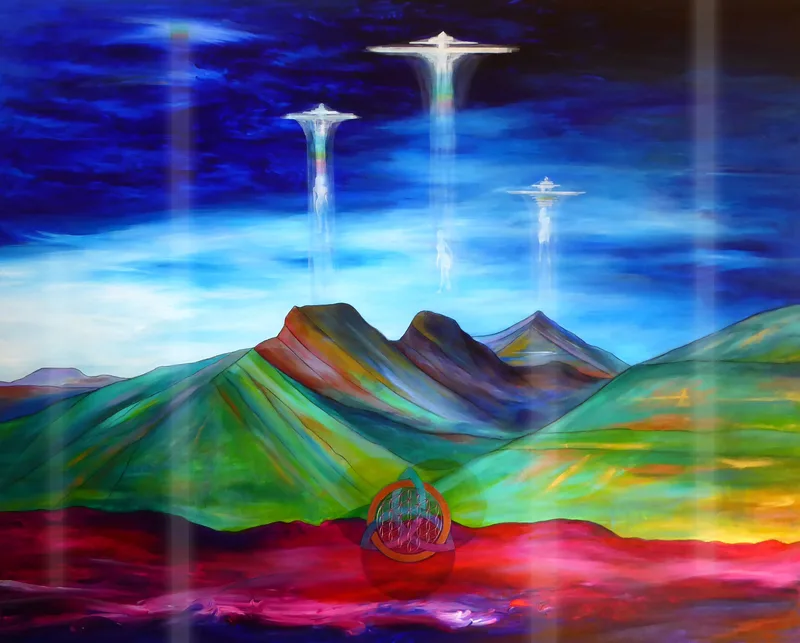 Mountain range called Three Sisters in Canmore, AB with three women coming down separately into the mountain from 3 space ships
