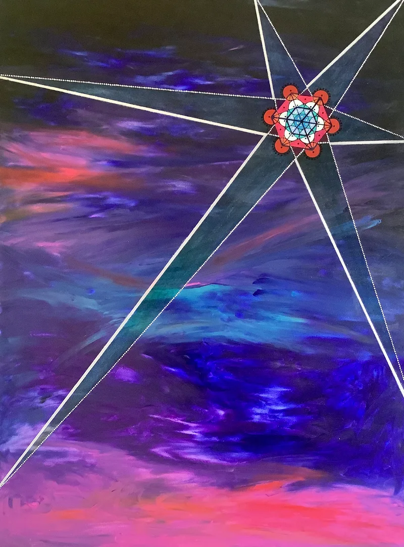 Six pointed star with sacred geometry in centre of star on a background of navy, purple and pink