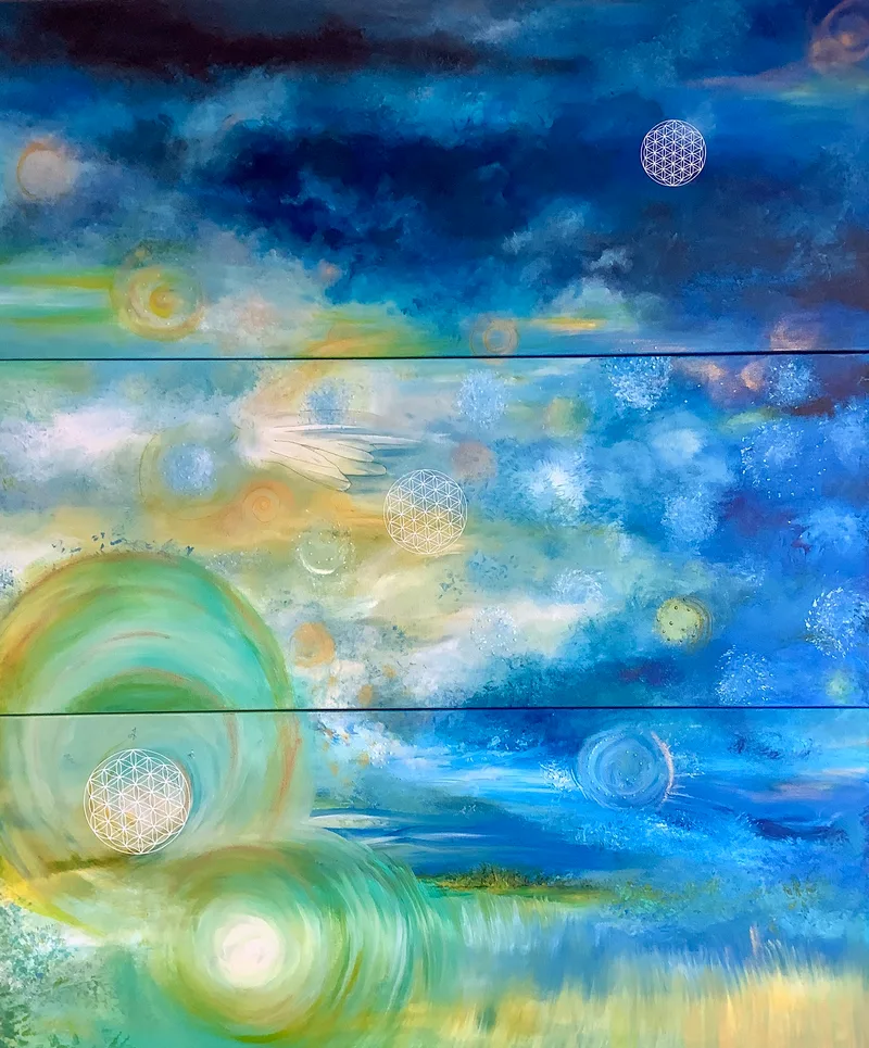 Triptych showing clouds, sky, portals of blue, golden yellow and green