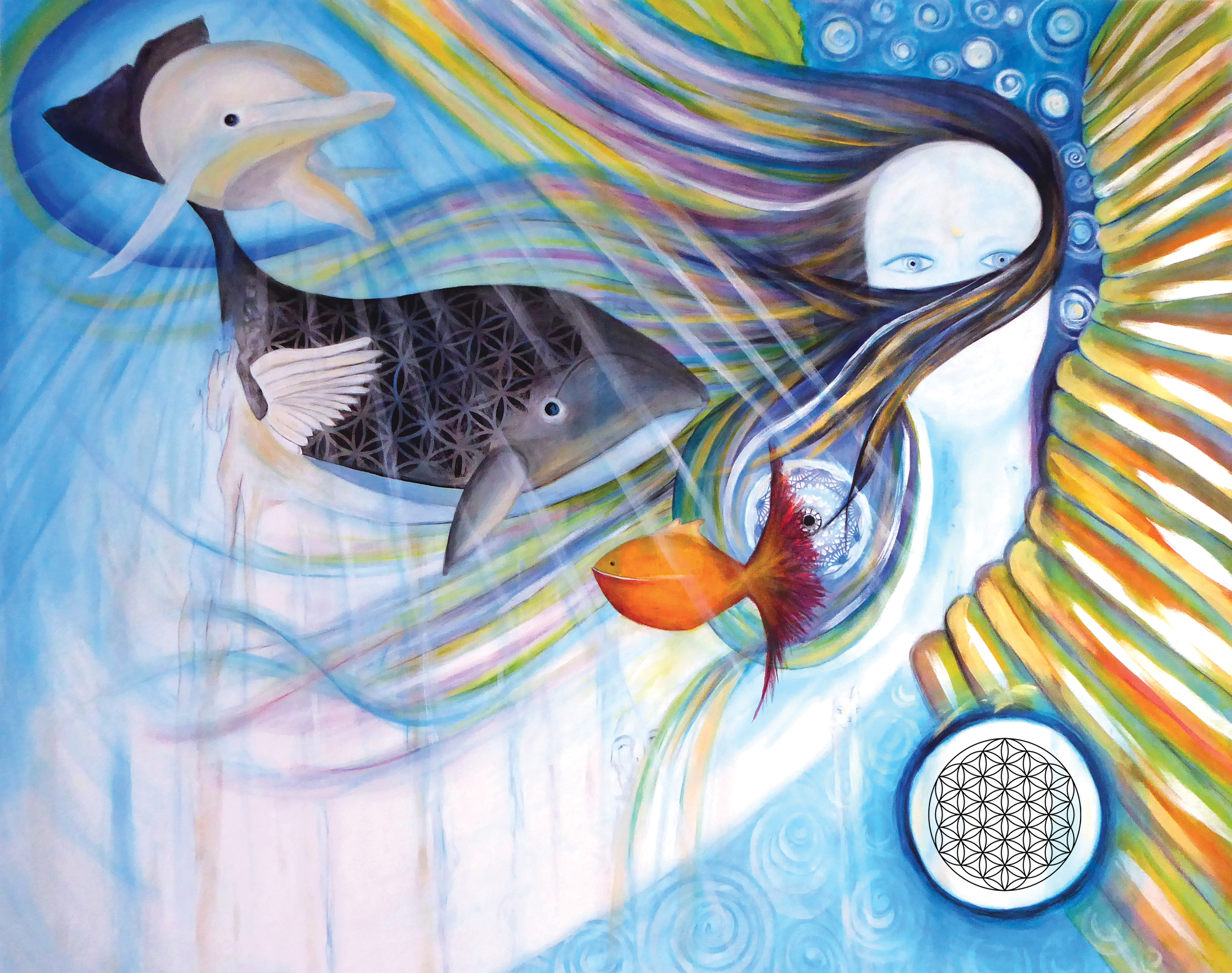 Then the currents of colour... teals and golds and deep oceanic blues pulling across the canvas like tides responding to something I couldn't see yet. Then the whale appeared, carrying the Flower of Life within its body as though sacred geometry were as natural as breathing. Because it is.
And then she emerged. The face in the upper right, barely there and entirely there at the same time. One eye visible, her hair flowing into the currents of energy that move through the entire painting, as though she and the water and the light were never separate things to begin with.