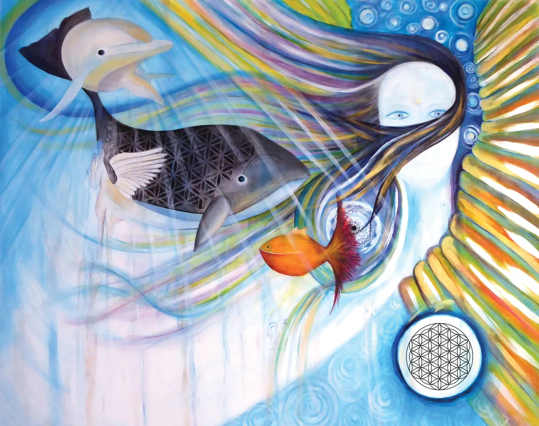 Then the currents of colour... teals and golds and deep oceanic blues pulling across the canvas like tides responding to something I couldn't see yet. Then the whale appeared, carrying the Flower of Life within its body as though sacred geometry were as natural as breathing. Because it is.
And then she emerged. The face in the upper right, barely there and entirely there at the same time. One eye visible, her hair flowing into the currents of energy that move through the entire painting, as though she and the water and the light were never separate things to begin with.