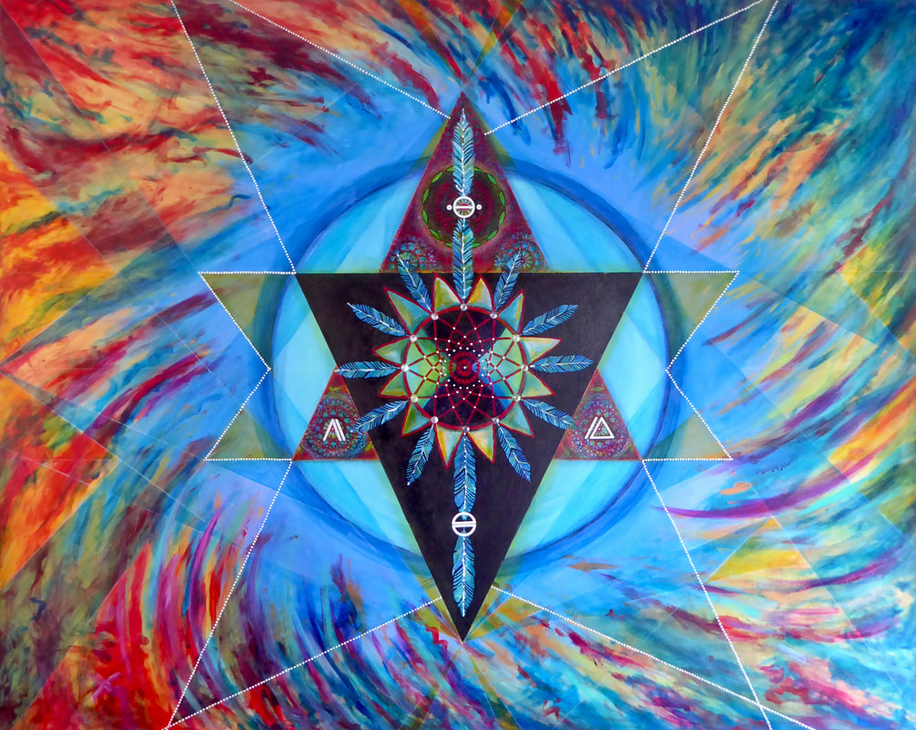 Colours of red, blue, gold, yellow all swirling around a merkaba