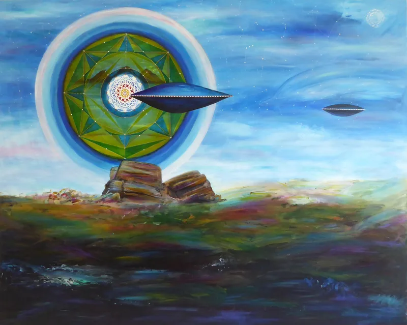 Big Rock in Okotoks with space ships above it and a sacred geometry portal behind the ships