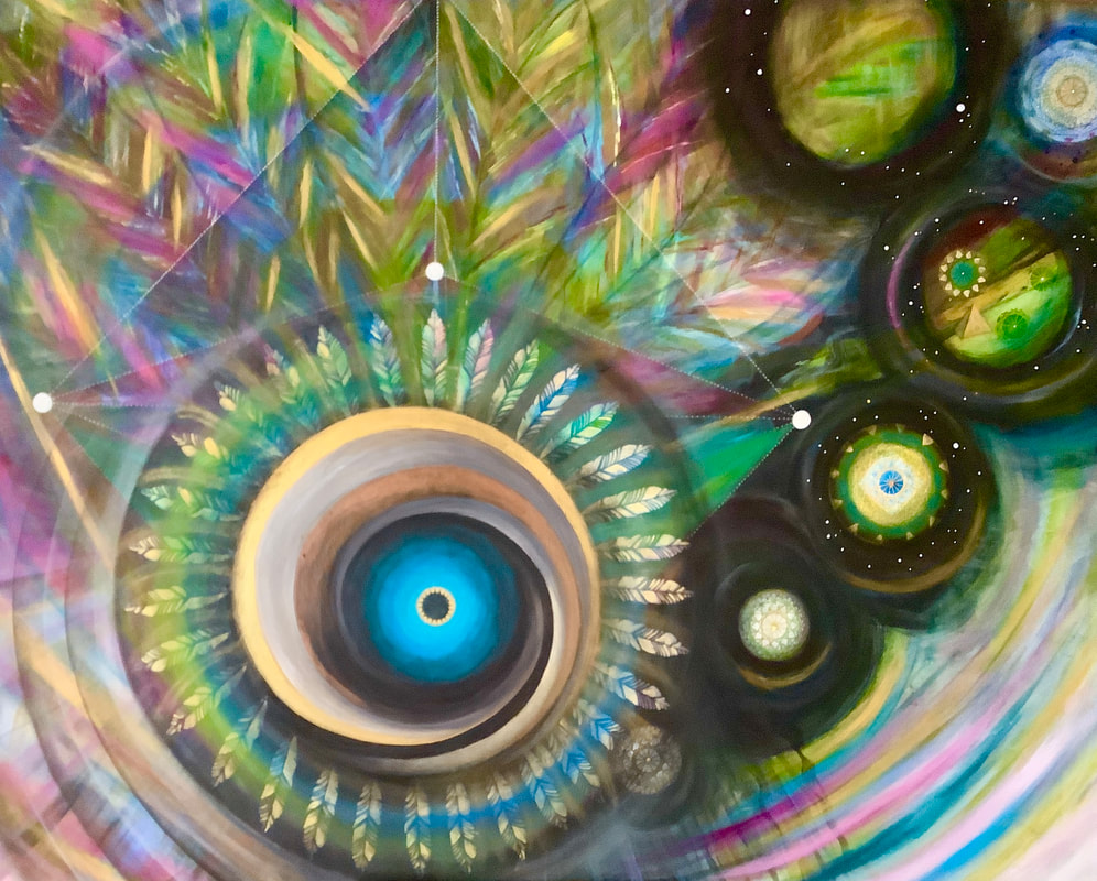 Seven portals like planets dispersed throughout the canvas. Swirling and feather every in vivid colours encompass the largest portal