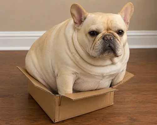 Cream French Bulldog sitting in a small cardboard box indoors