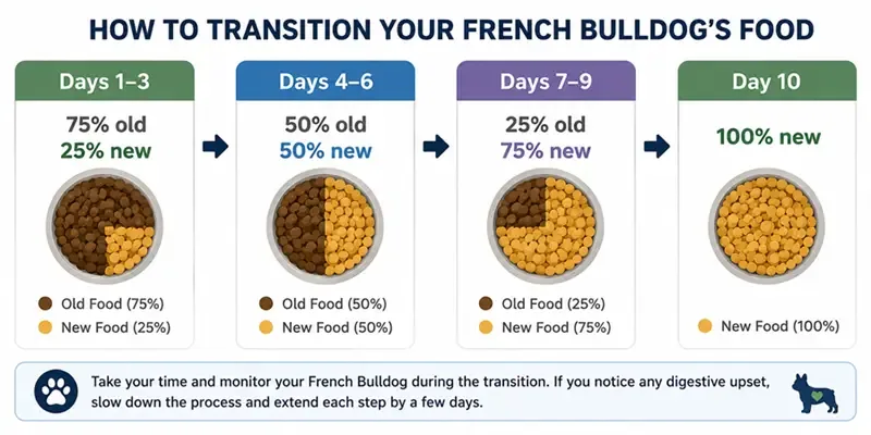 French Bulldog food transition chart showing how to gradually switch from old food to new food over 10 days.