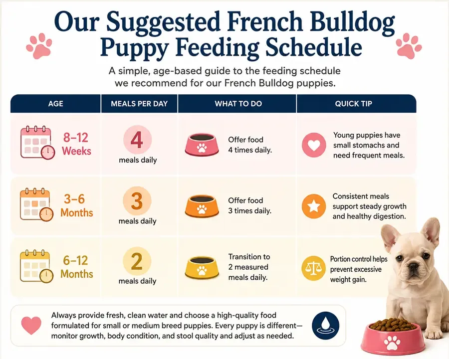 French Bulldog puppy feeding schedule showing 4 meals daily at 8–12 weeks, 3 meals daily at 3–6 months, and 2 meals daily at 6–12 months.