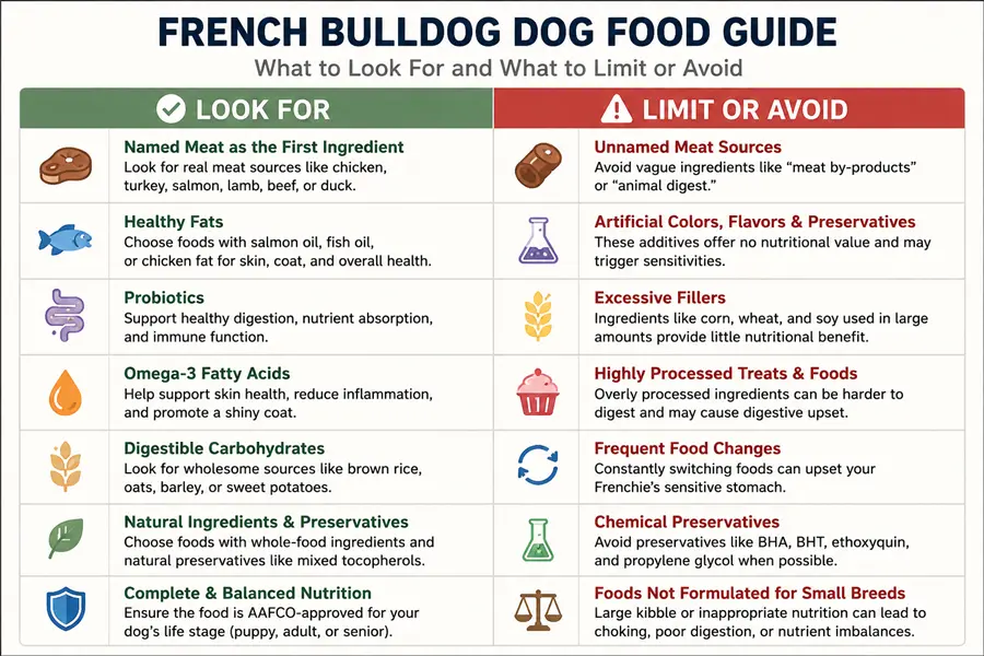 A chart that shows what food ingredients are best and worst for French Bulldogs, foods to limit or avoid.