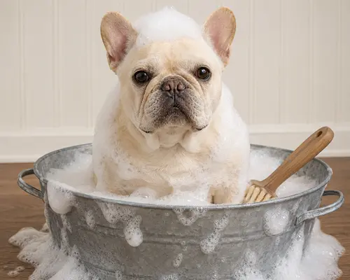 Cream French Bulldog sitting in a metal wash tub indoors