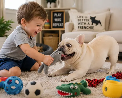 Child playing with a cream French Bulldog and dog toys