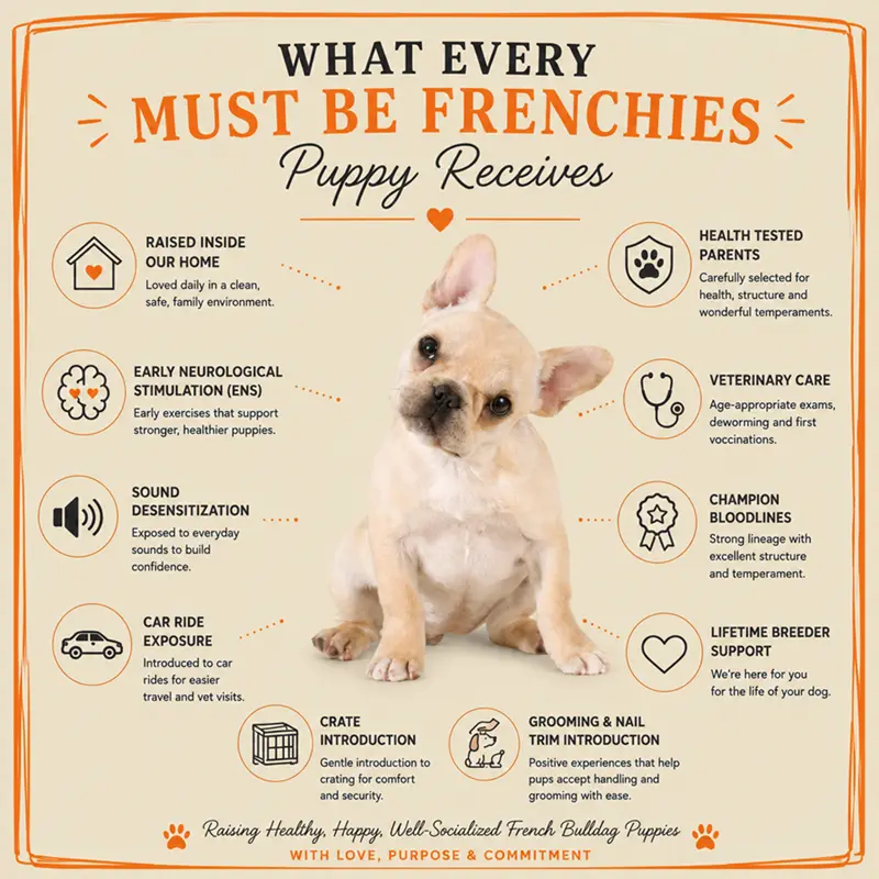 Must Be Frenchies French Bulldog puppy raising program showing socialization, ENS, veterinary care, health-tested parents, crate introduction, grooming and breeder support