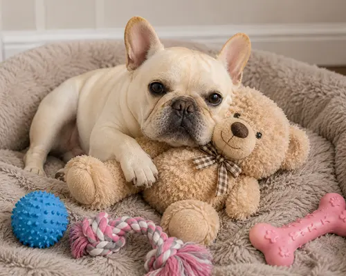Cream French Bulldog relaxing with stuffed toys and colorful dog toys