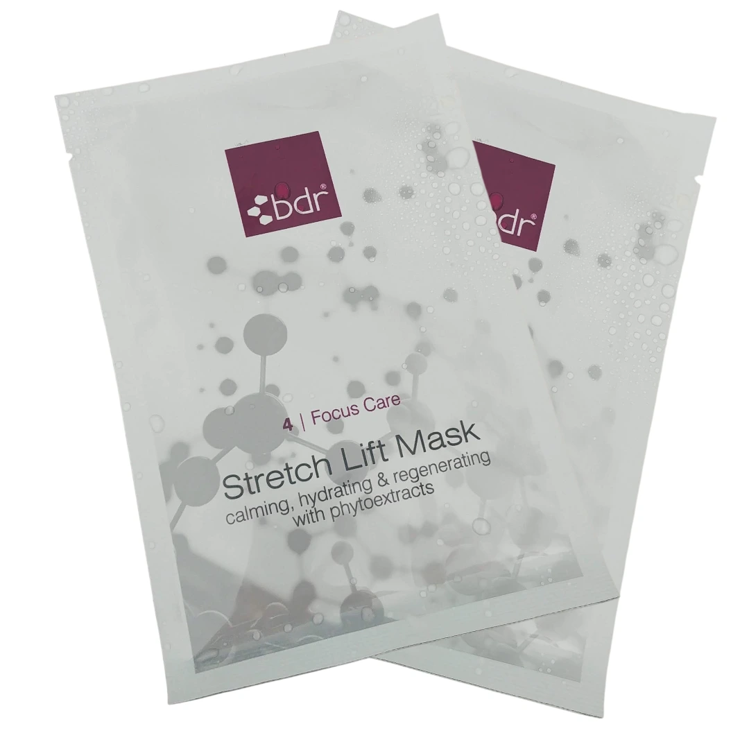 Hochwertiges Sachet der bdr® Stretch Lift Mask aus der Reihe Medical Beauty Concept mit Fokus auf die Markenaufschrift und Inhaltsstoff-Deklaration.