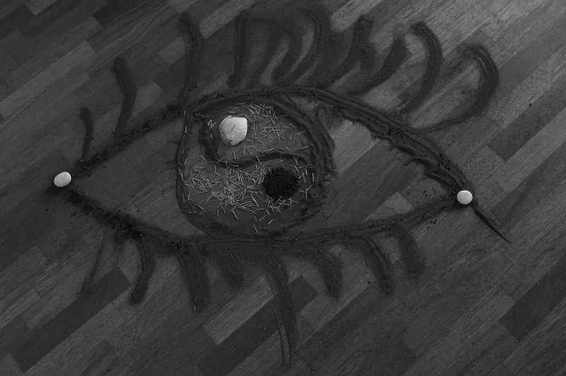 An eye-shaped sculpture made from dark organic material surrounds a nest-like centre containing stones and a pale shell.