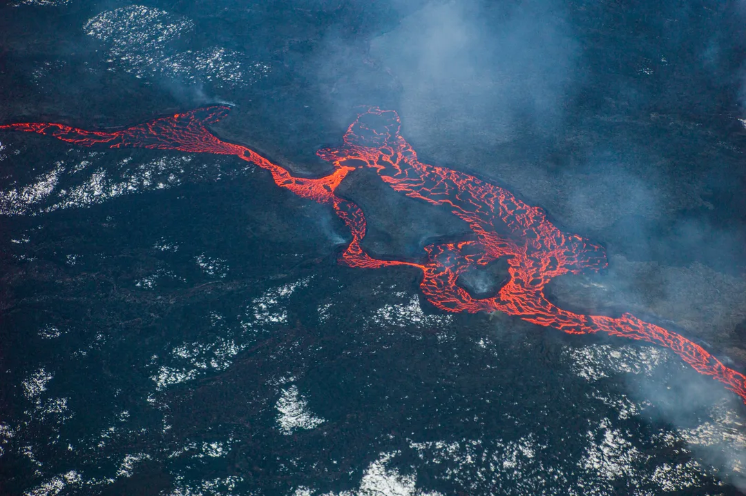 Aerial view of active lava from the Holuhraun eruption in Iceland.