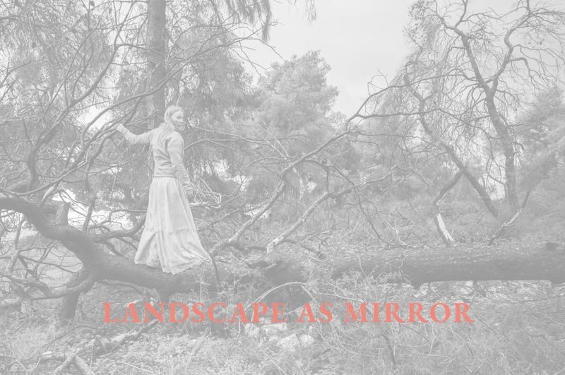 Explore Landscape as Mirror: a woman in a pale dress stands among fallen woodland branches, introducing self-directed photography, moving image, performance and installation.