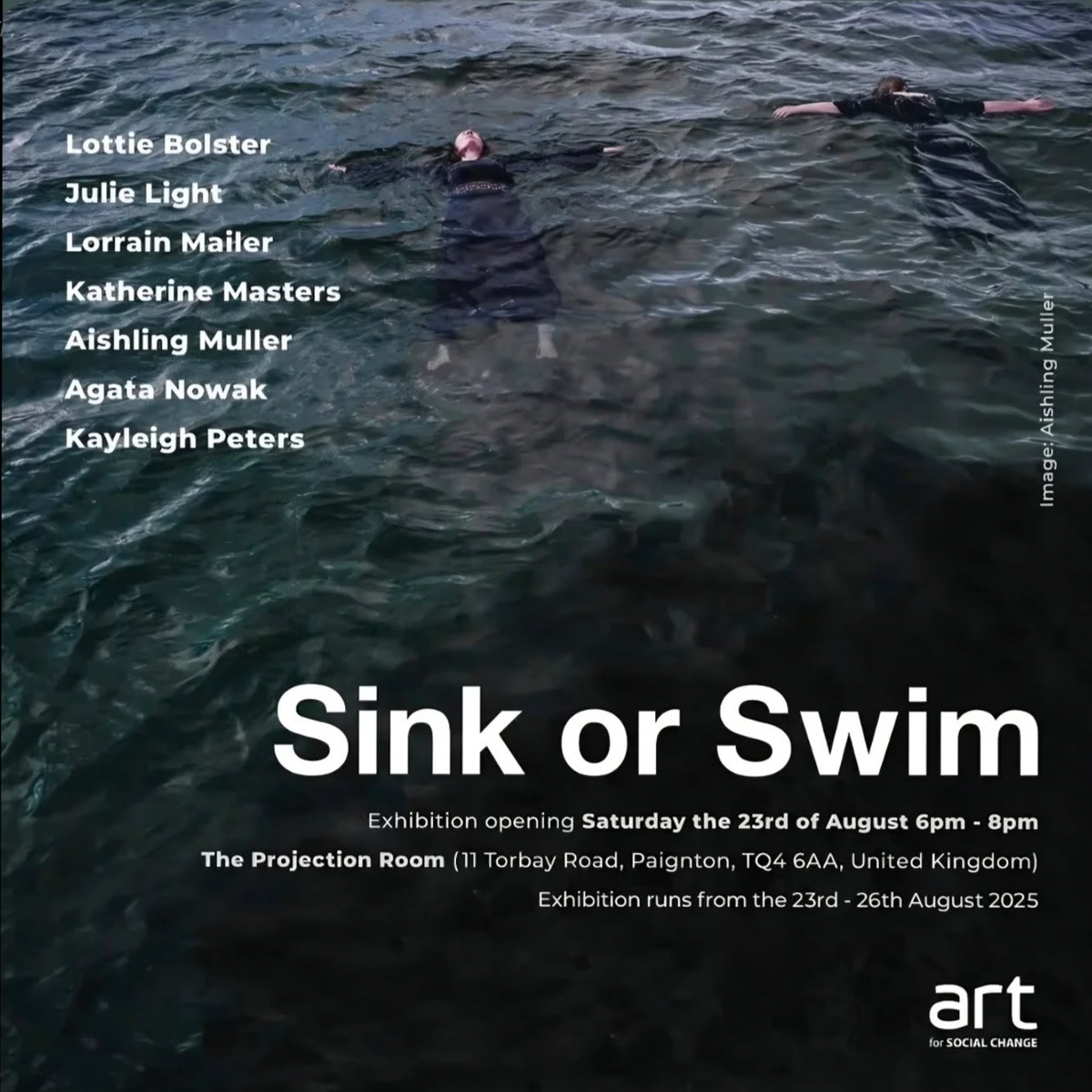 Sink or Swim exhibition poster featuring Aishling Muller’s photograph of two figures floating in dark seawater, with her name among the participating artists.