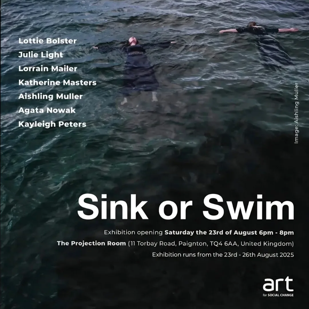 Sink or Swim exhibition poster featuring Aishling Muller’s photograph of two figures floating in dark seawater, with her name among the participating artists.