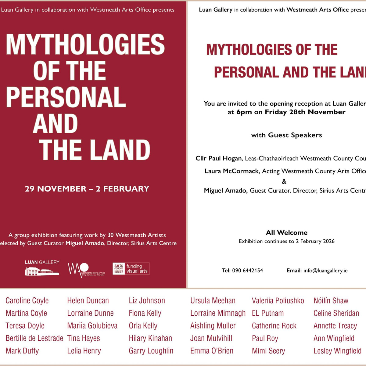 Red and white Luan Gallery poster for Mythologies of the Personal and the Land, listing Aishling Muller among the participating Westmeath artists.