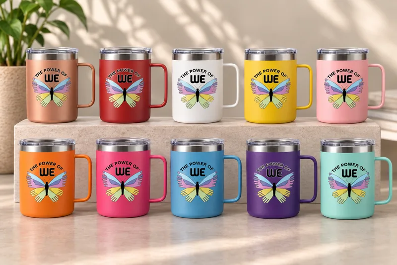 The Power of WE – 16 oz Lidded Insulated Mugs