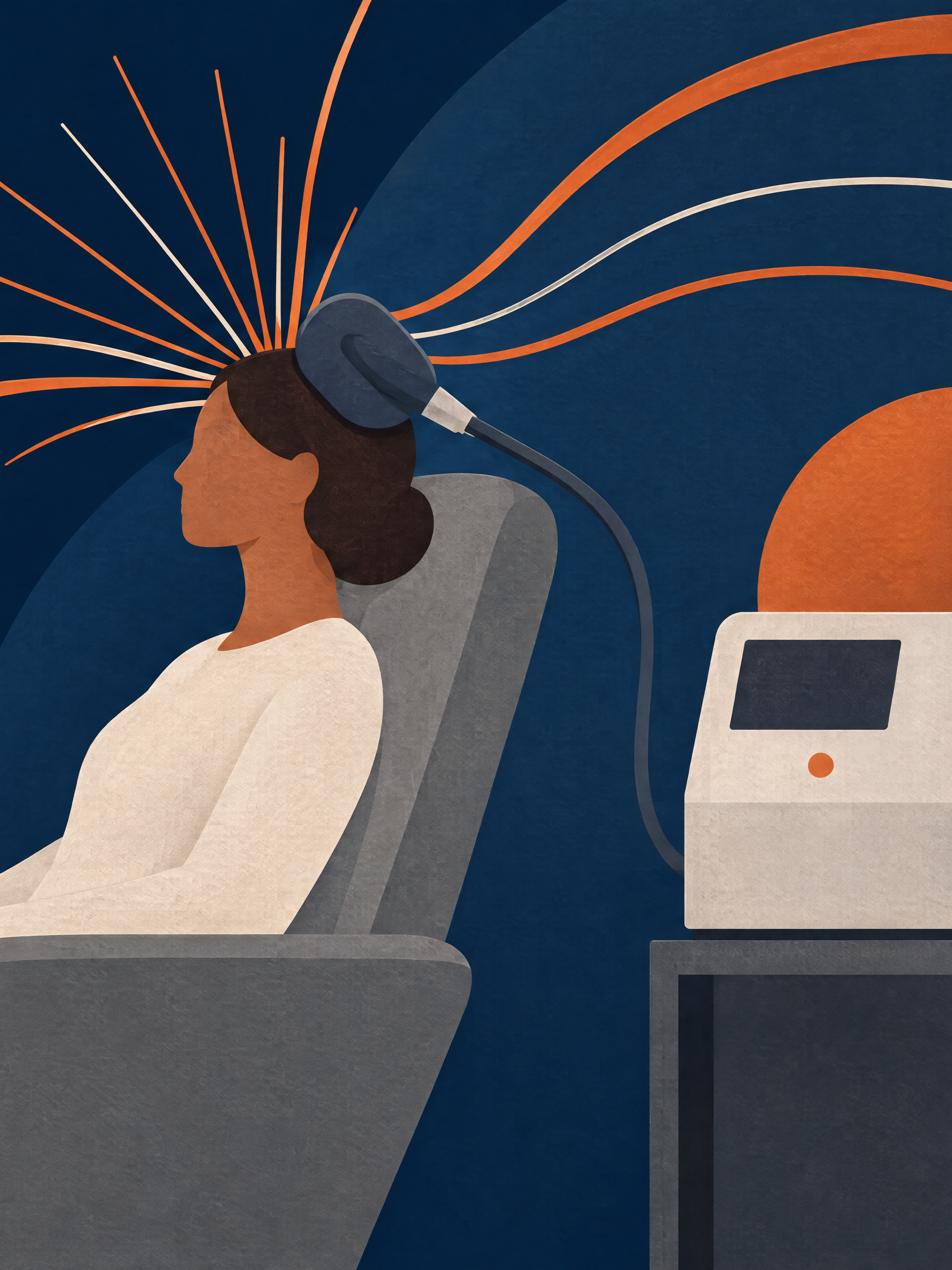 Illustration of a person receiving TMS treatment beside a treatment unit.