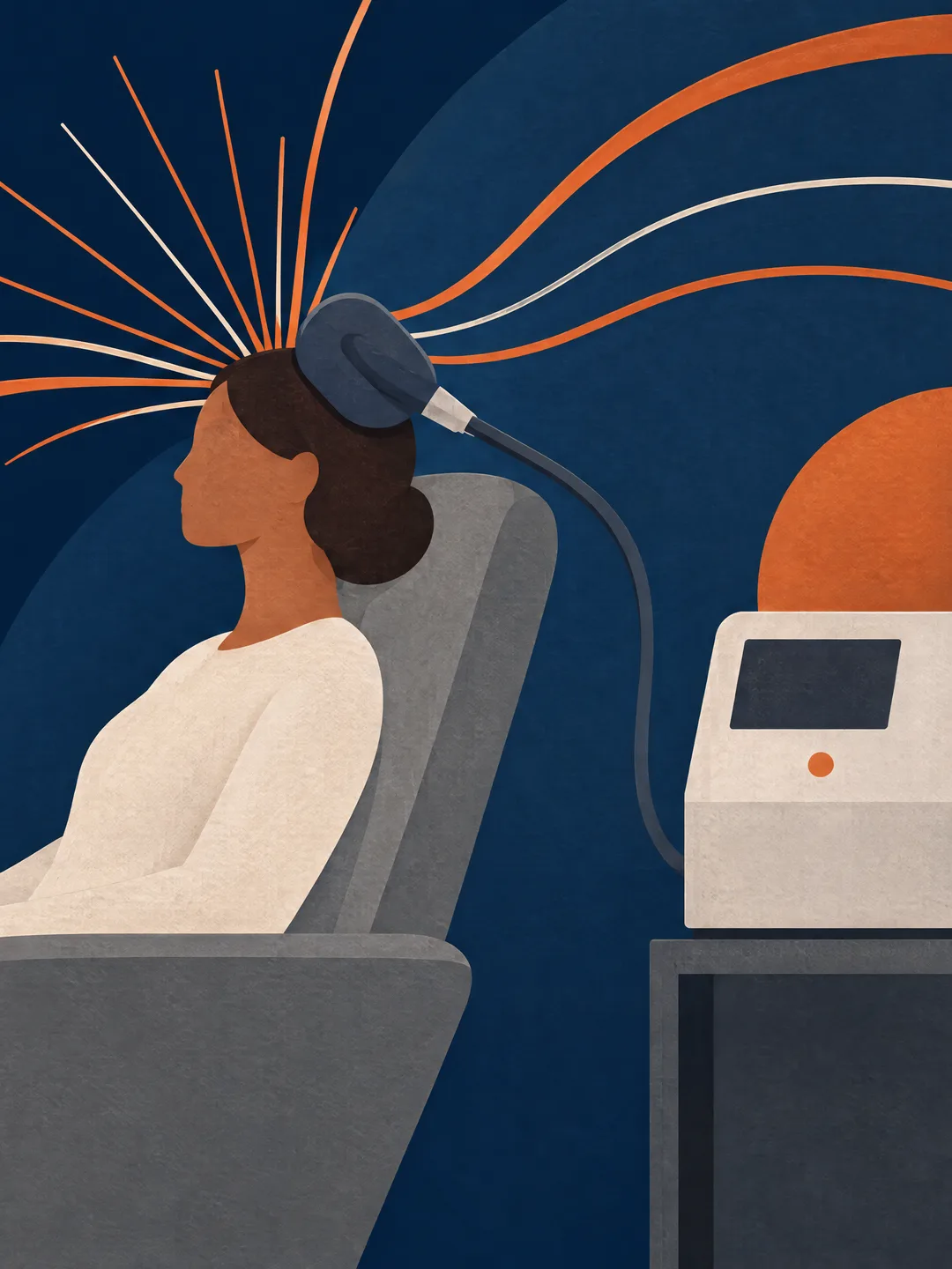Illustration of a person receiving TMS treatment beside a treatment unit.