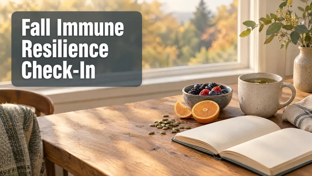 Autumn morning table with tea, berries, citrus, pumpkin seeds, and an open notebook beside a window; text reads “Fall Immune Resilience Check-In.”
