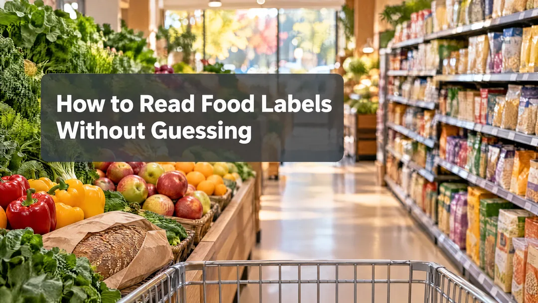 Fresh produce and packaged grocery shelves viewed from a shopping cart, with the title “How to Read Food Labels Without Guessing.