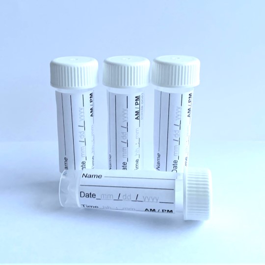 Sleep & Stress Test product packaging showing four saliva collection tubes for at-home cortisol and melatonin testing.