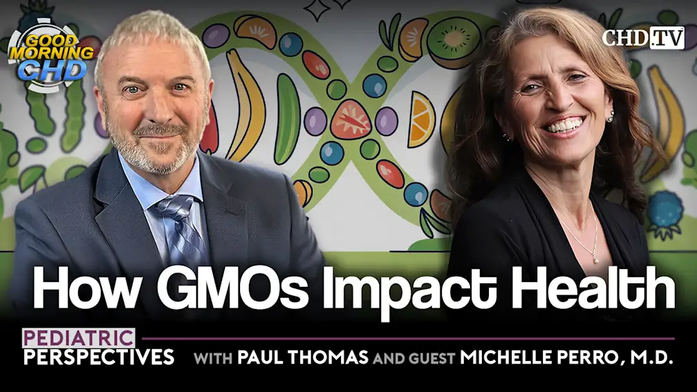 Dr. Paul Thomas and Michelle Perro, M.D. pictured against a colorful illustrated fruit and vegetable backdrop with episode title text overlay.