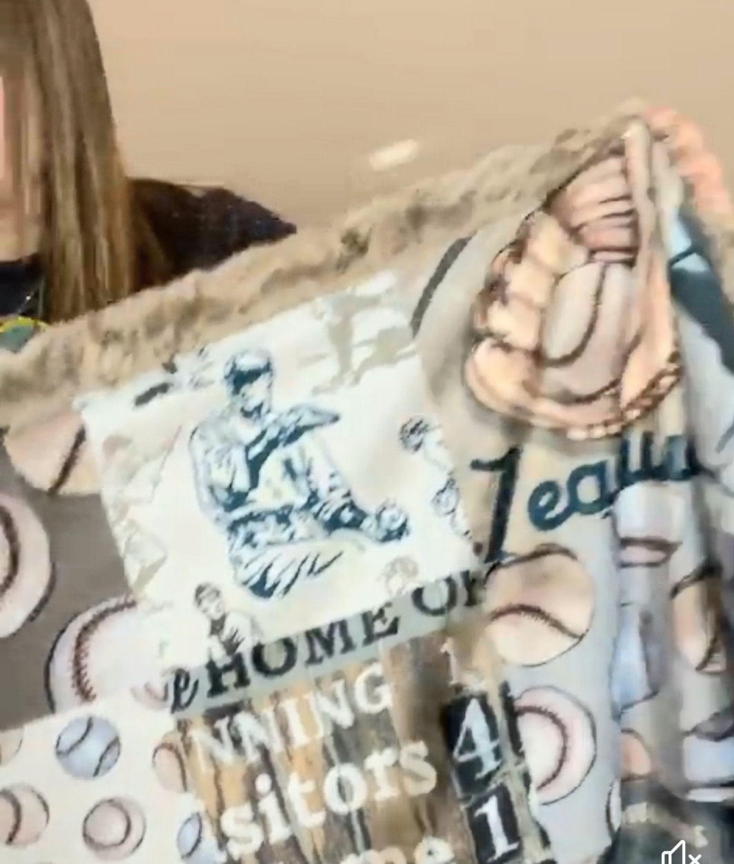 Baseball Blanket made of minky printed with Aaron Christensen's fabric design.