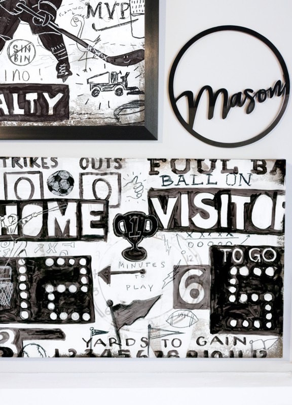 Sports Art Gallery Wall featurings a scoreboard, acrylic name plaque and other art by Aaron Christensen