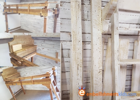 Reclaimed wood is fashioned into a rustic loft bed for a girls bedroom.