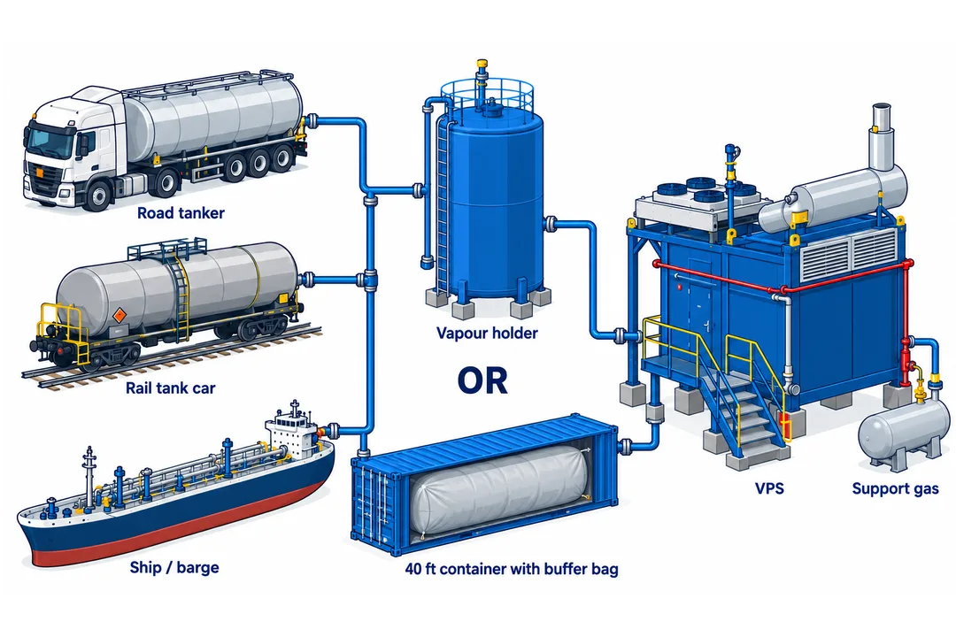 Container or Vapour Holder as buffer. To work with road rail or ships with vapours.