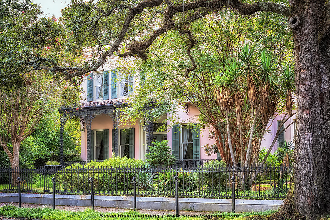 A two‑story historic house with a light pink exterior and green shutters is partially hidden by lush trees and garden foliage. Ornate wrought‑iron detailing decorates the porch and balcony, and a black iron fence encloses the landscaped front yard beneath the shade of large overhanging branches.