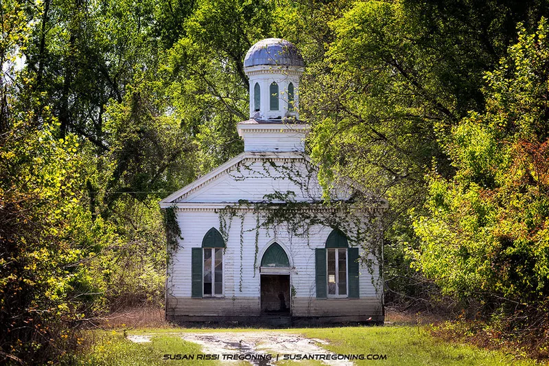 The abandoned Rodney Baptist Church in the ghost town of Rodney, Mississippi.