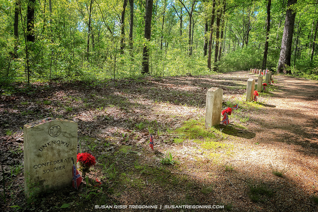 A row of small stone grave markers stands beside a dirt path in a wooded cemetery. Each marker has a small Confederate flag and red flowers placed at its base. Sunlight filters through tall green trees, casting dappled light across the graves and forest floor.
