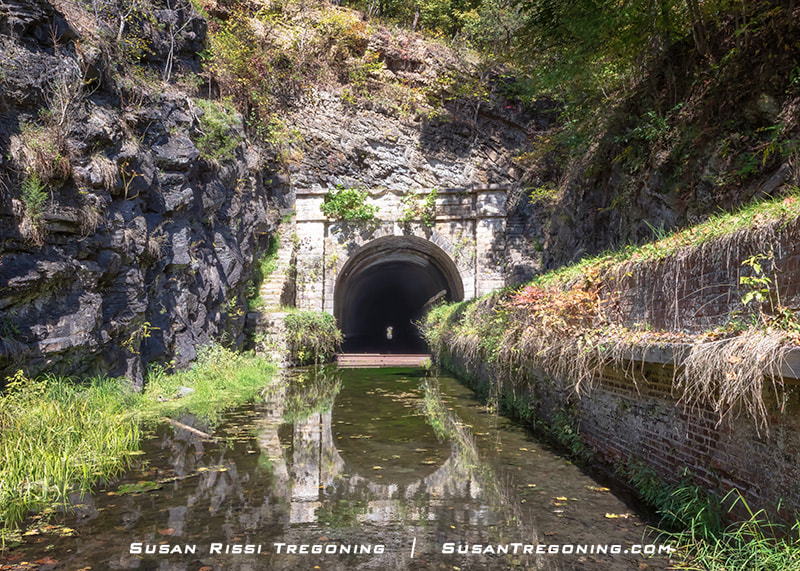 A stone‑lined canal tunnel entrance with an arched masonry opening sits between rocky, vegetation‑covered slopes, with still water leading into the dark interior of the tunnel.