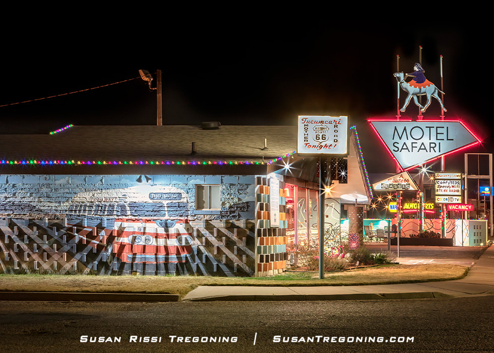  Picture A 1950s Santa Fe Trailways Flexible Clipper tour bus with 'Tucumcari Tonite' as its destination is one of the murals featured on the back of the Motel Safari.