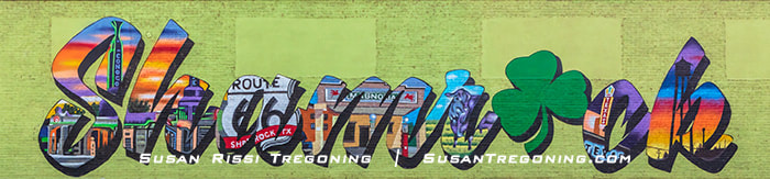 The Shamrock, Texas, Route 66 mural created by artist Joey Martinez in 2019, featuring painted imagery celebrating the town’s connection to historic Route 66.