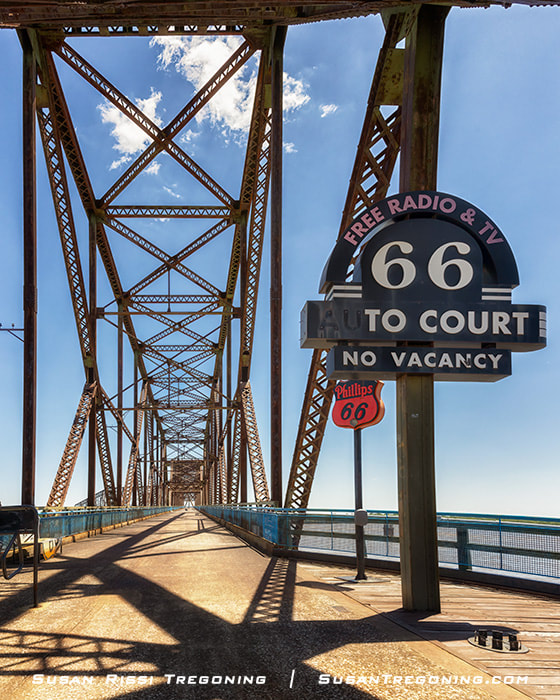 A replica of the 66 Auto Court sign displayed on the Old Chain of Rocks Bridge as part of Missouri’s Route 66 tribute.
