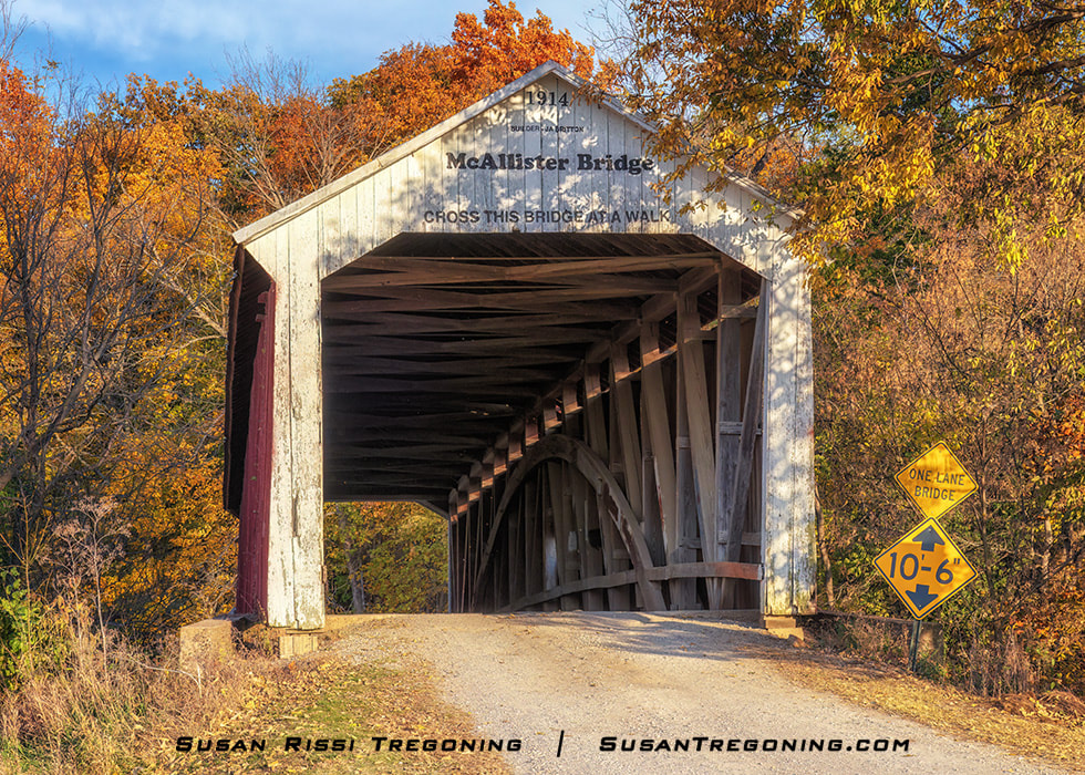 The McAllister Cover Bridge, with its distinctive “Britton Portal,” surrounded with autumn foliage. 