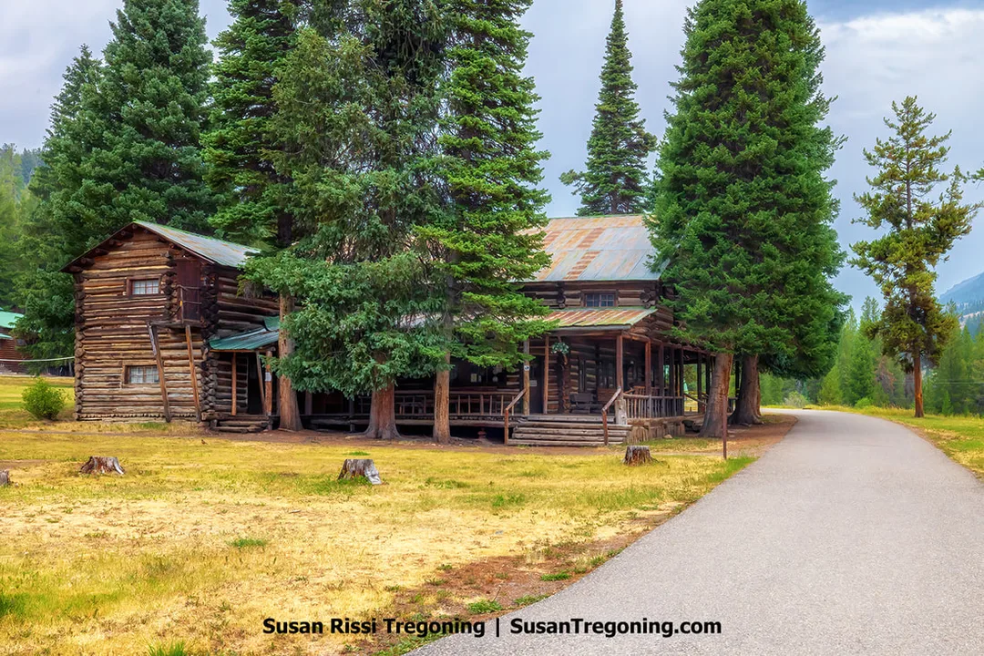 A rustic log lodge with a metal roof sits among tall evergreen trees, with a paved path leading through a grassy clearing toward the building. The cabin’s porch and large log construction are visible beneath a clear blue sky.