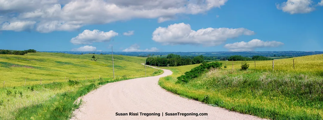 A gravel road winds among the gently rolling slopes of the Loess Hills, following the route of one of the Scenic Byway Loop Drives. The road curves through open terrain shaped by the region’s wind‑formed hills.