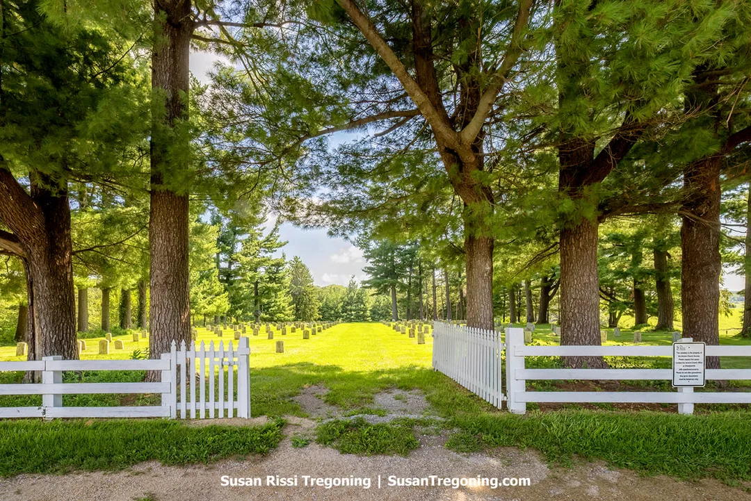 Within Iowa’s Amana Colonies, the High Amana Cemetery is bordered by a white fence and pine trees. 