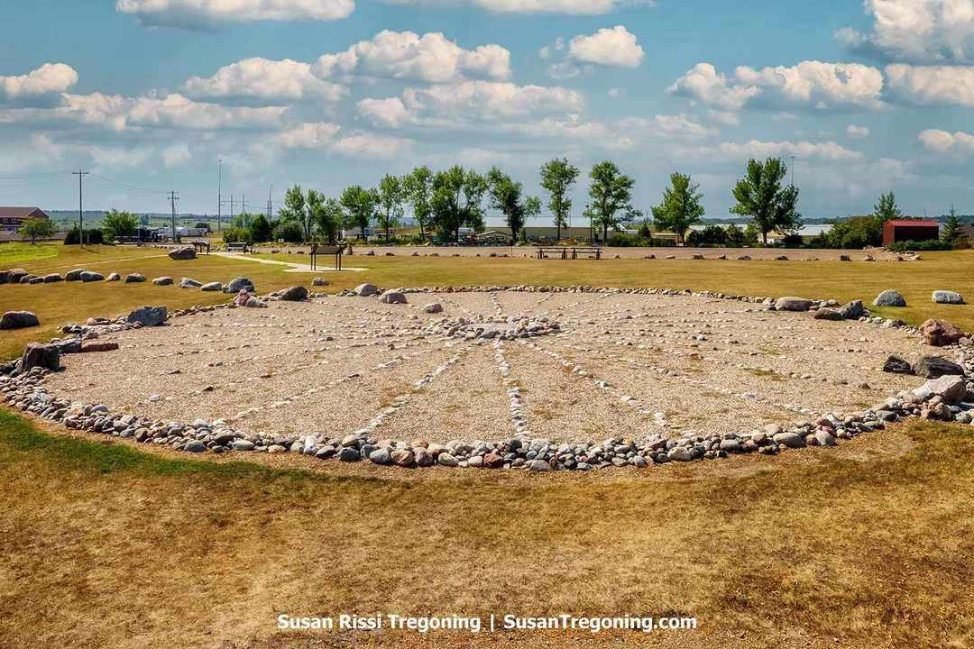 Stone medicine wheel at Medicine Wheel Park in Valley City, North Dakota, created as a public educational site honoring the area’s cultural and scientific traditions.