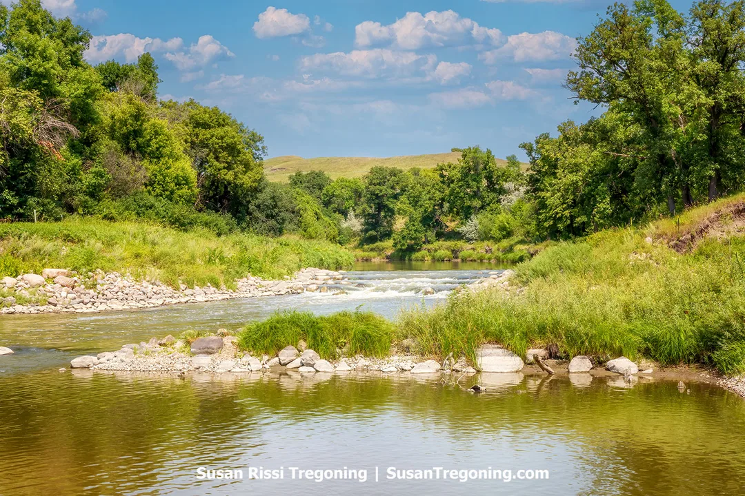 The Sheyenne River flows through a tree-lined valley at the former Walker Dam site, where a rock arch rapids system now creates a series of gentle rapids beneath open North Dakota skies.