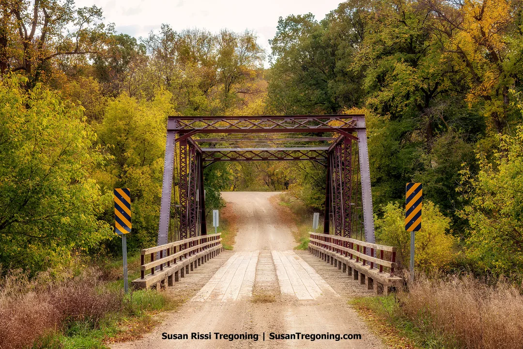 Front view of the historic Martinson Bridge, a steel through-truss bridge spanning the Sheyenne River in North Dakota's Sheyenne River State Forest. A gravel road crosses the bridge and continues through dense woodland displaying early autumn foliage.