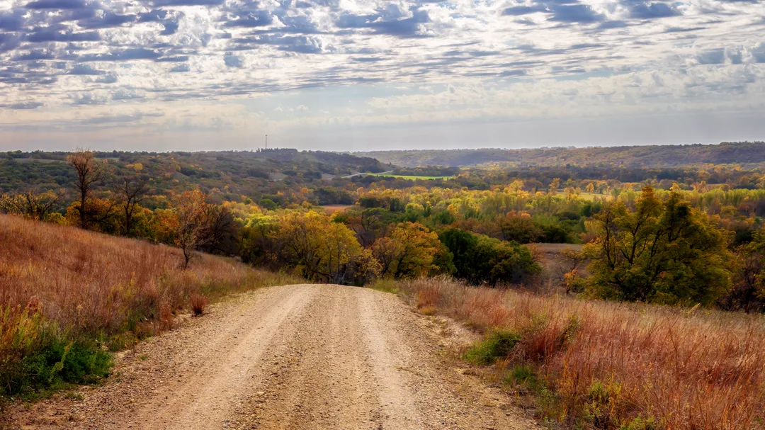 Gravel road descending from the scenic overlook at Fort Ransom State Park into the wooded Sheyenne River Valley, surrounded by autumn foliage beneath a cloud-filled sky.