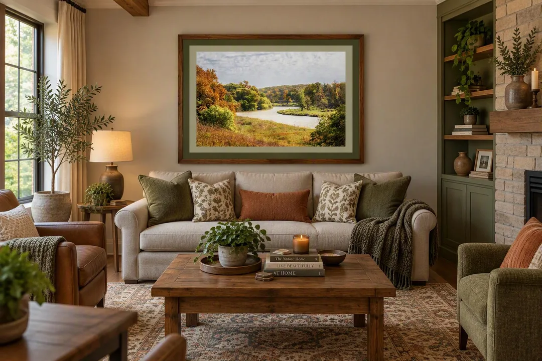 Framed landscape artwork depicting the Sheyenne River curving through colorful autumn trees displayed above a sofa in a cozy living room with wood furnishings, plants, and neutral décor.